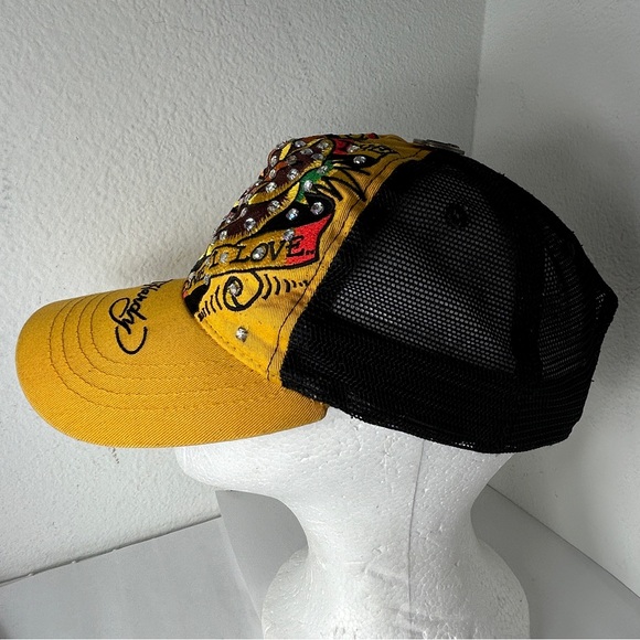 ED HARDY VTG HAT BASEBALL CAP YELLOW BLACK y2k 90s Christian Audigier Trucker - Picture 6 of 15